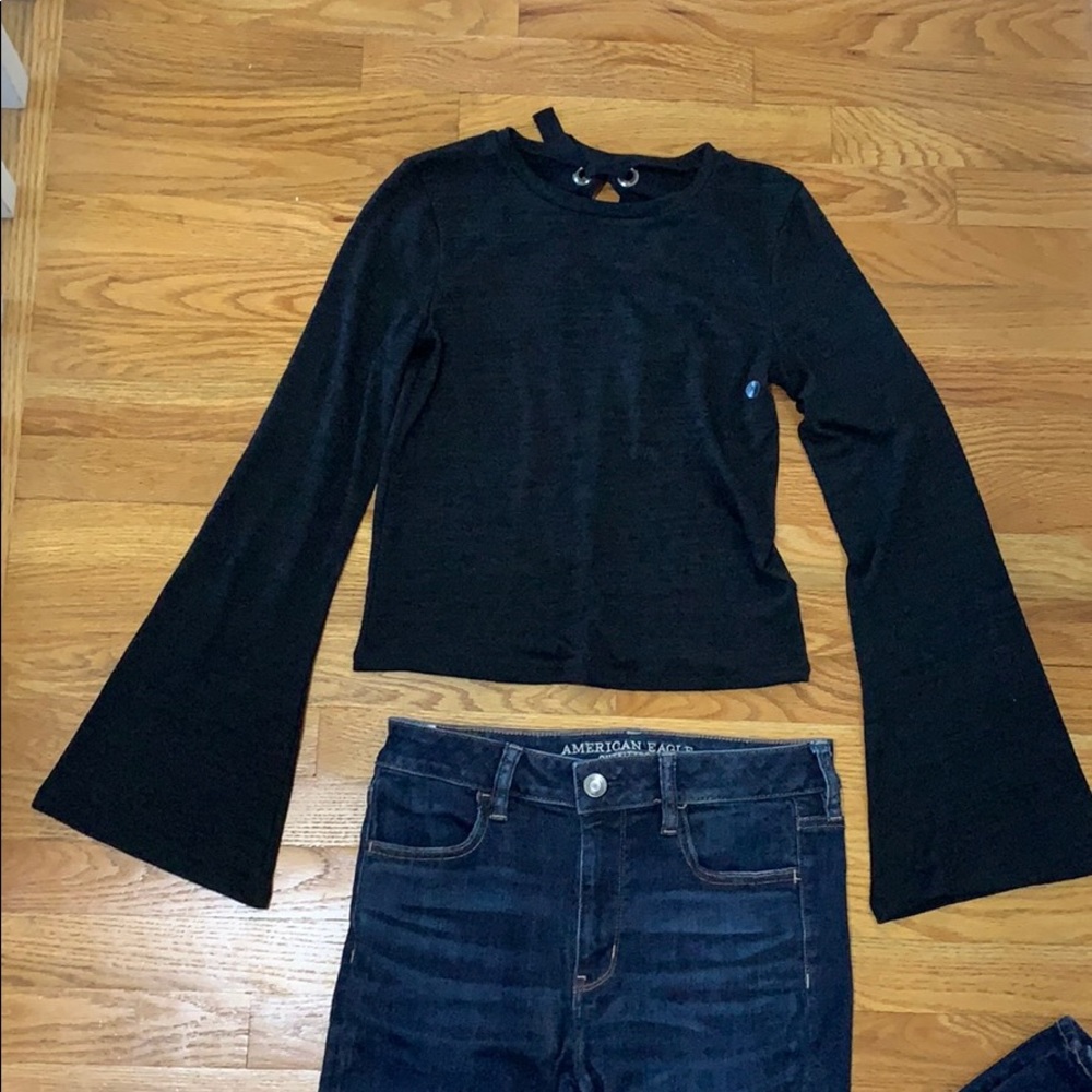 American Eagle black bell sleeve crop top